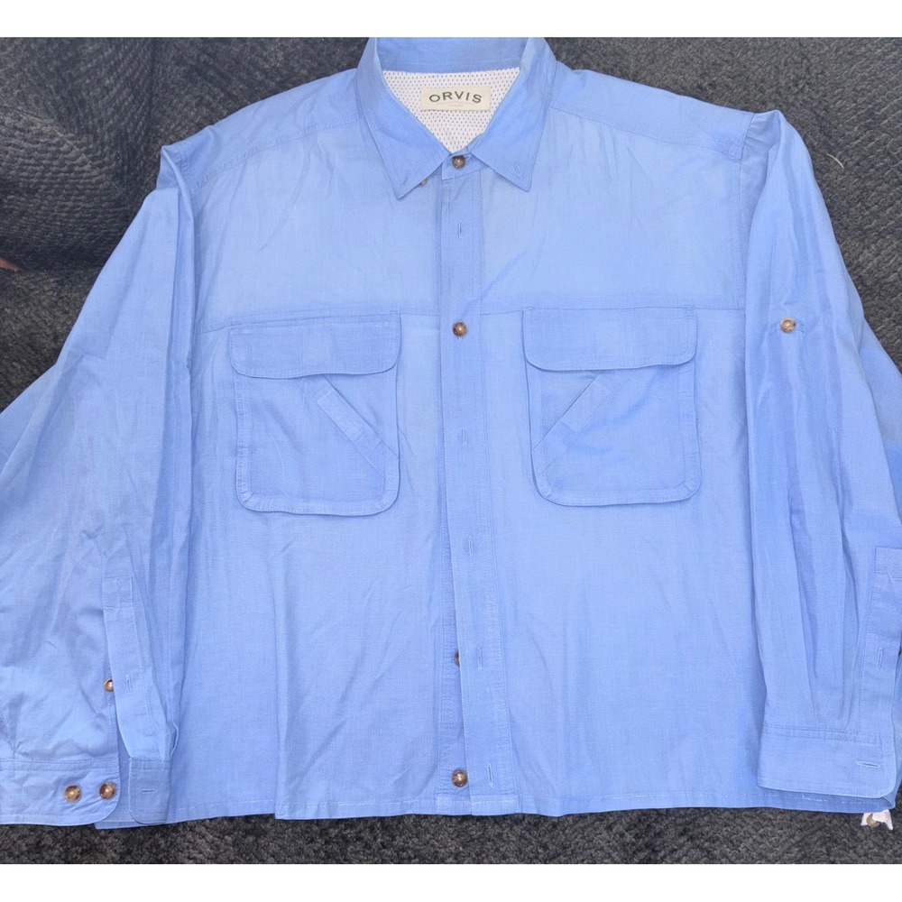 Orvis Sporting Traditions Vented Fishing Shirt Blue Sleeve Roll Tab Utility